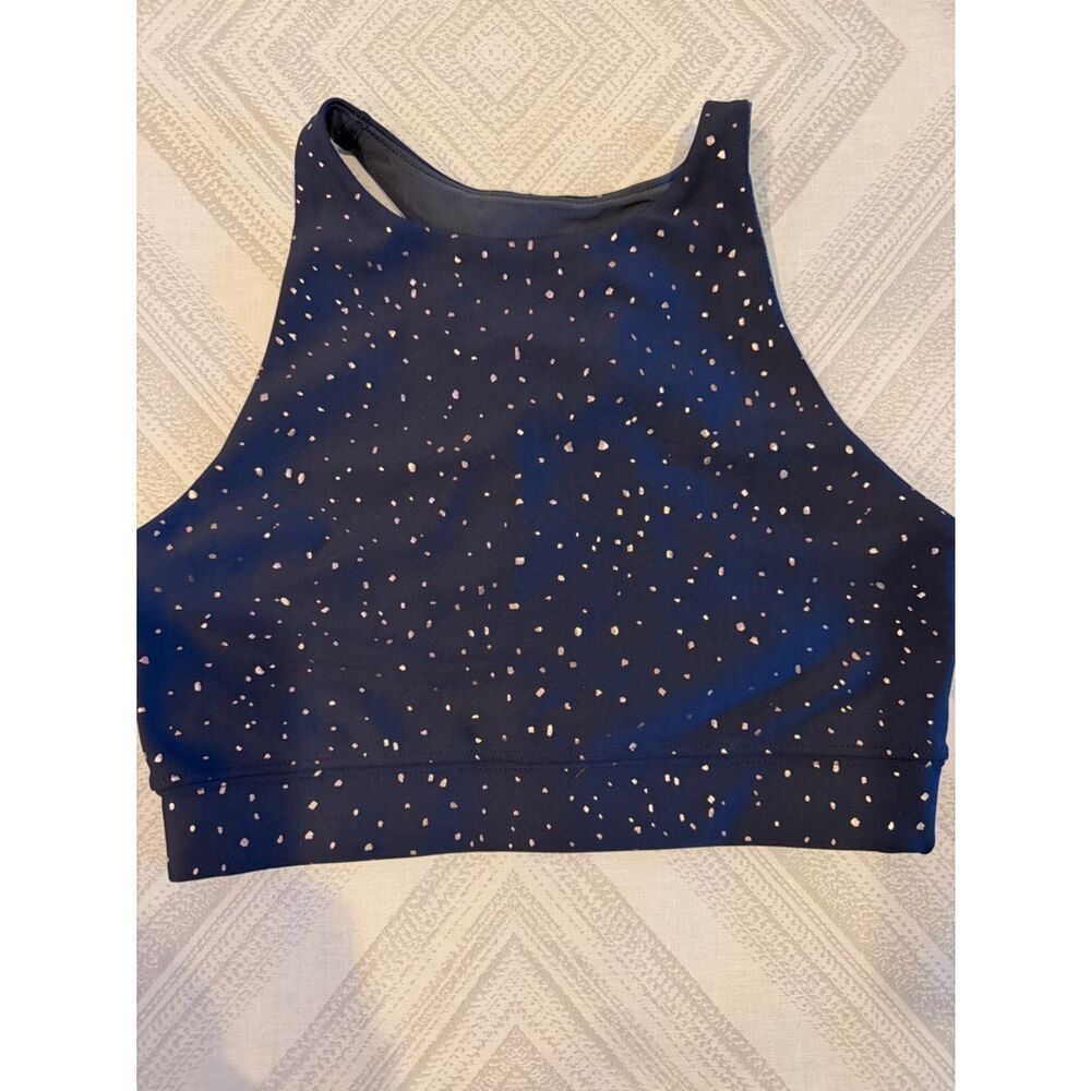 Peloton Show Up Sparkle High Neck Sports Bra Navy Gold Racerback Small NWT